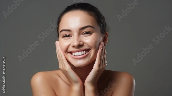 Fototapeta The beautiful young woman was smiling and looking at the mirror while wearing a spa towel and showing off her smooth skin and clear skin.