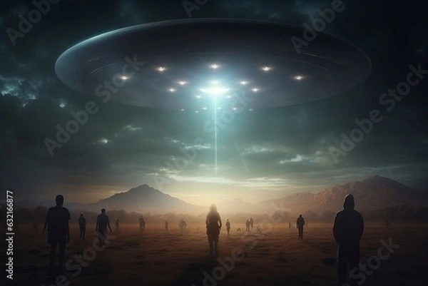 Obraz Mysterious aliens creatures standing UFO. alien flying saucer