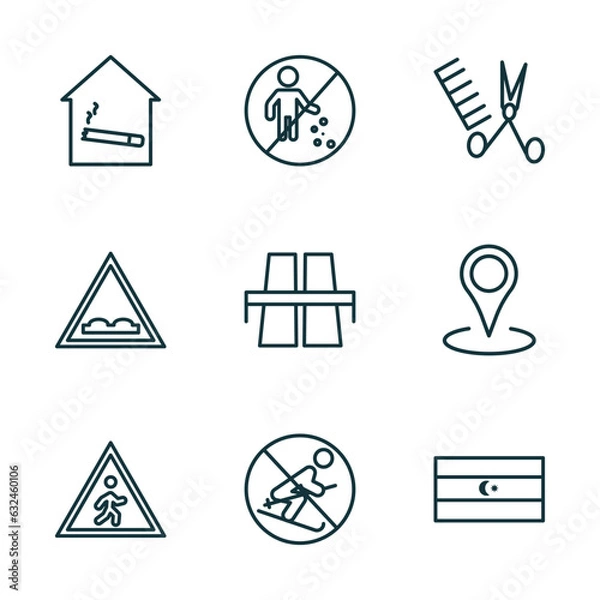 Fototapeta set of 9 linear icons from maps and flags concept. outline icons such as smoking place, no littering, women hairstylist, crossing zone, no skiing, square flag vector