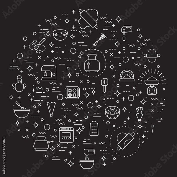 Fototapeta Simple Set of baking tool Related Vector Line Illustration. Contains such Icons as kitchen utensils, equipment, apron, kitchenware, bakery, scales, dough, rolling pin, oven and Other Elements.