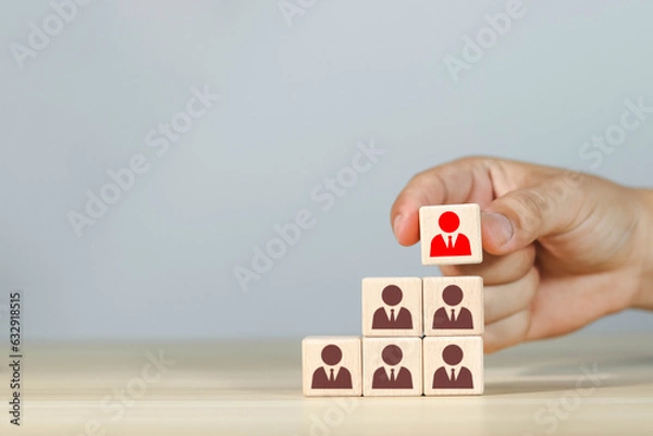 Fototapeta social network of human resources Assessment center concept Personal auditing or CRM concept. Whole team recruiter with one person shown with wooden cubes with icons.	
