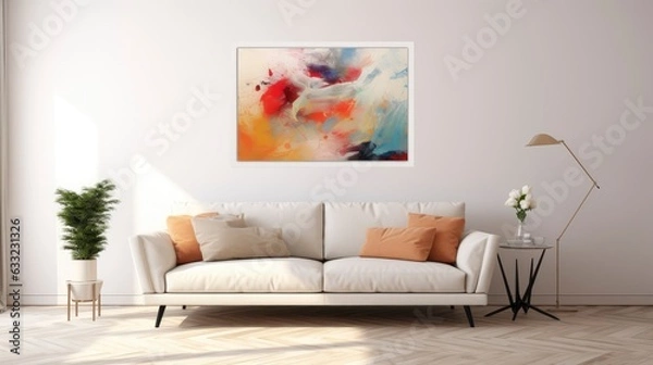 Fototapeta Minimalist clean sofa, with randon rgb pattern wall background, sofa interior design,