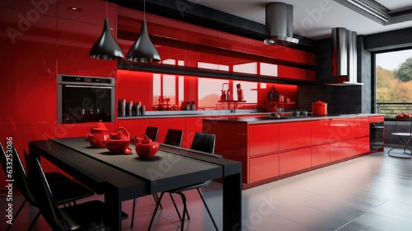 Fototapeta modern red glossy kitchen interior with big window