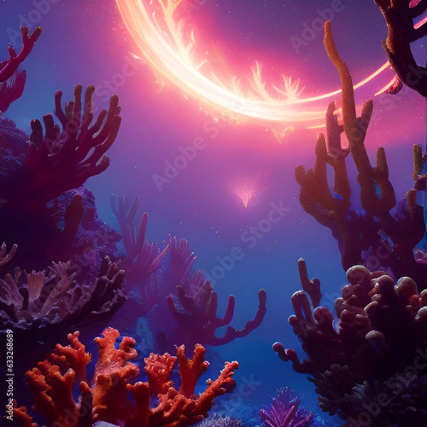 Fototapeta Coral reef phoenix at night with a sky full of stars, intricate, elegant, highly detailed digital painting, artstation, concept art, sharp focus, octane render, illustration, volumetric lighting, epic