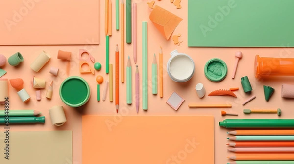 Fototapeta Assorted office and school white orange and green stationery supply on pastel trendy background. Generative Ai