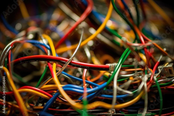 Fototapeta Macro shot of multi-colored wires twisted and turned into a messy knot in an electronic circuit board