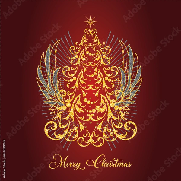 Fototapeta Merry Christmas Gold Shine Star Christmas Wings Tree Happy Holiday Wishes	
