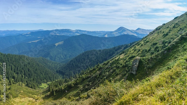 Fototapeta Mountain landscape in early autumn. Coniferous forest mountain valley. Steep slopes in the foreground