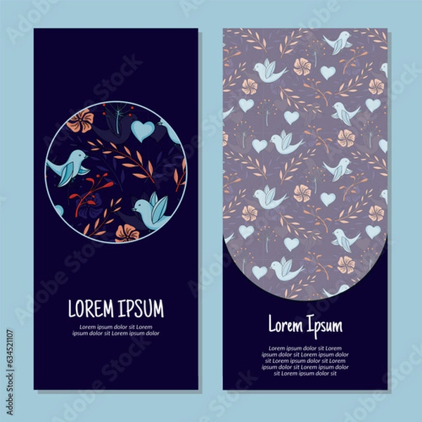 Fototapeta Vector flowers leaves and birds vertical frame pattern invitation greeting cards, RSVP and thank you cards. Elevate your occasions with exquisite seamless pattern invitation greeting cards.