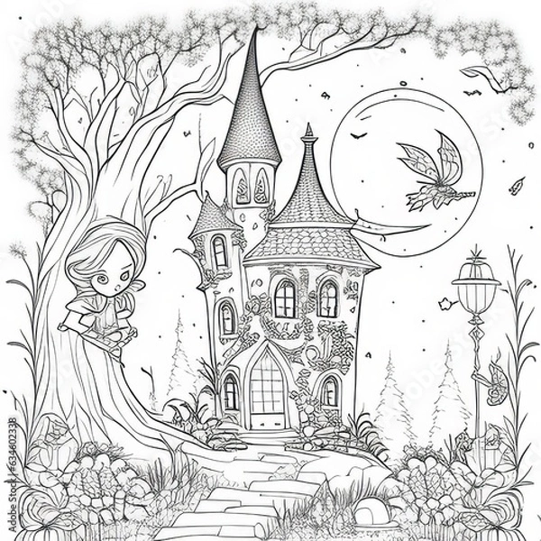 Fototapeta Bewitched Chronicles: Fantasy Theme Coloring Page for Kids 