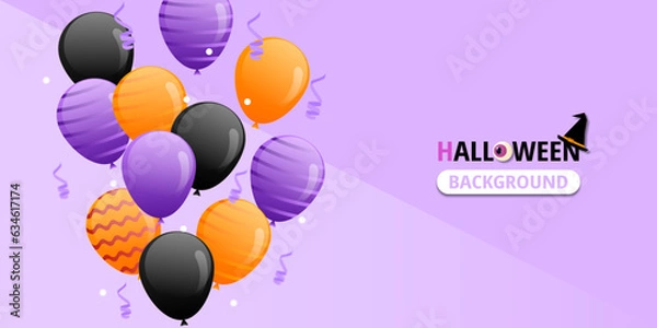 Fototapeta Happy Halloween greeting card, banner, flyer, background. Colorful poster with balloons and text. Template for congratulations. Vector illustration. Place for text.