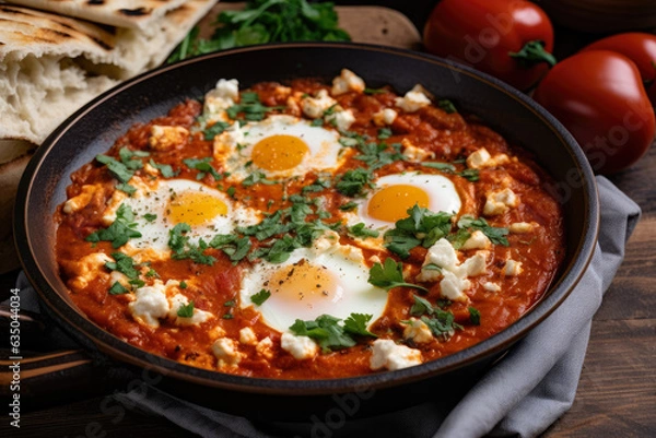 Fototapeta Shakshuka, a delicious and healthy Middle Eastern breakfast, features perfectly cooked eggs, creamy feta cheese, and a side of pita bread in a close-up shot of a ceramic bowl.