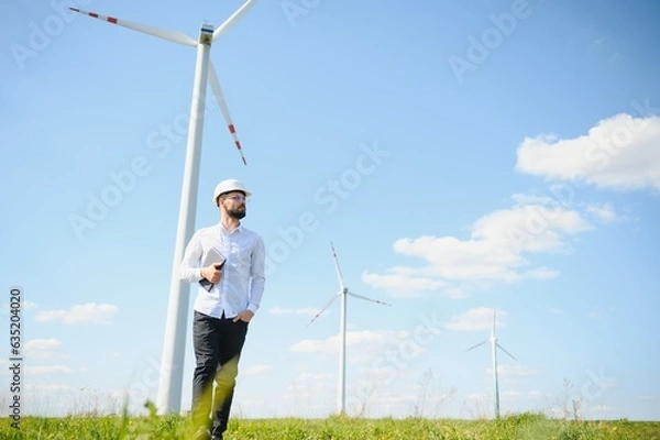 Fototapeta Engineer in field checking on turbine production