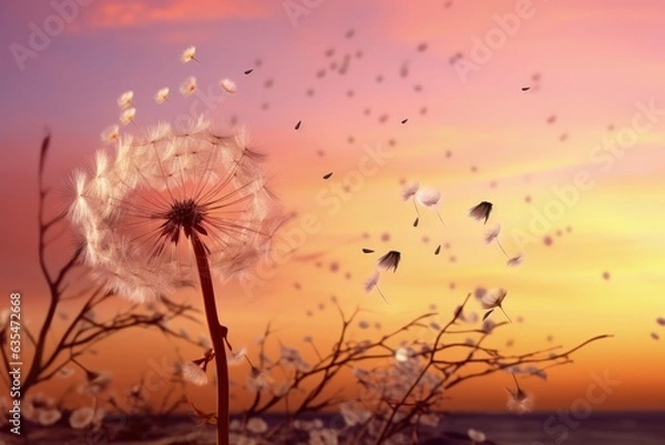 Fototapeta Landscape with dandelion field and sunset, bokeh background. Generative AI