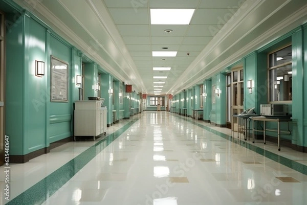 Fototapeta Softened backdrop, Hospital corridors focus gently blurs into serene visual harmony Generative AI