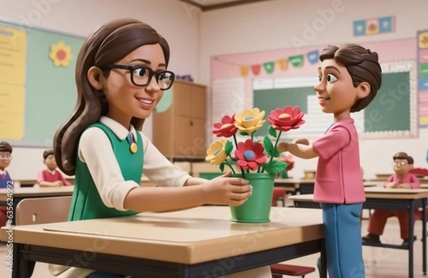 Fototapeta Creative concept of Happy Teachers Day illustration. Back to school. Student giving flower to class teacher in class room. Class Room. Generative Ai.