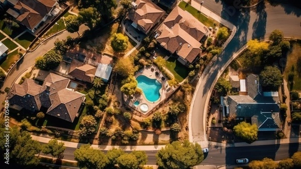 Fototapeta Top view of the residential district with houses and street 