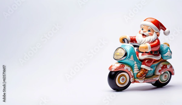 Fototapeta Vibrant Santa Claus figure riding a colorful scooter, adding a fun twist to traditional holiday themes.