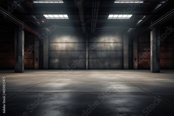 Fototapeta a modern, empty industrial interior with rough floor and indirect lighting.