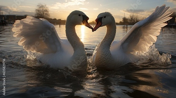 Fototapeta Two swans "dance" on the water facing each other, with outstretched wings, National Geographic award - winning photo