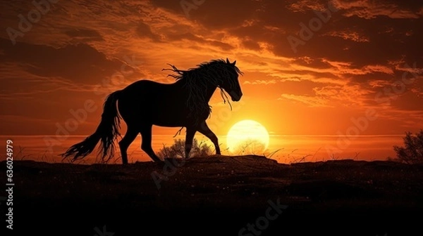 Obraz Horse silhouette amid sunset while grazing