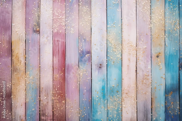 Obraz Wooden colourful pastel trendy background, shabby wood, small sparkles, glitter