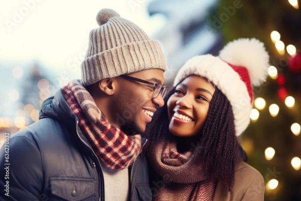 Obraz Closeup photo of cute couple spending holly Christmas eve in decorated garland lights house near Chrismas tree outdoors