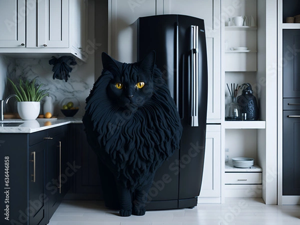 Fototapeta black cat with a black refrigerator in a white kitchen. AI generated.