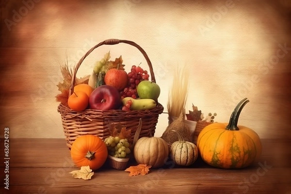 Fototapeta Happy Thanksgiving. Thanksgiving pumpkins and Autumn leaves. Thanksgiving Food Party. Thanksgiving Concept.Thanksgiving Background. Thanksgiving Theme. Generative Ai