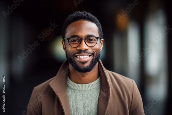 Fototapeta Medium shot portrait of a Nigerian man in his 30s in an abstract background wearing a chic cardigan