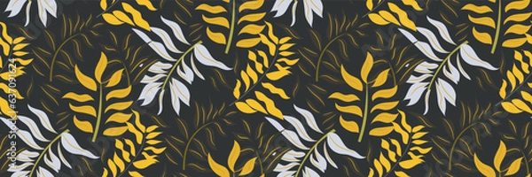 Fototapeta Seamless tropical yellow leaves wallpaper pattern on dark (black) background. Floral contrasting background for scarf print, textile, covers, surface, scrapbooking ,
interior design . Vector 