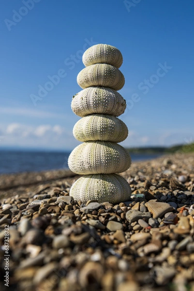 Fototapeta Stacked sea urchins on a pebble beach