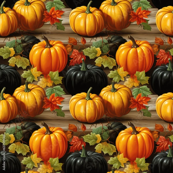 Fototapeta seamless pattern with orange and black pumpkins and bright autumn leaves on wooden background