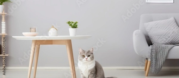 Fototapeta Gray cat jumping on white chair in stylish living room with dining area