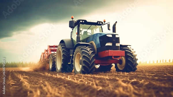 Obraz Tractor with harrow in the field against a cloudy sky. Tractor on cloudy sky background, agricultural machine. Tractor in full speed.
