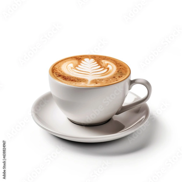 Fototapeta White cup with cappuccino on white background. Coffee drink with Latte art. Coffee composition for the cover, logo, menu. 