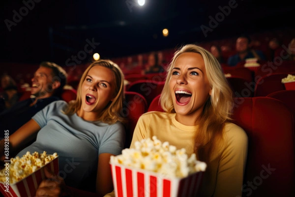 Fototapeta Excited Cinema-Goer Eating Popcorn Emotionally