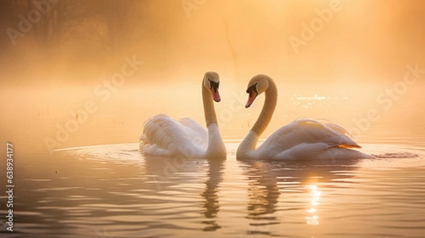 Fototapeta Couple swan in the lake with mist in the morning