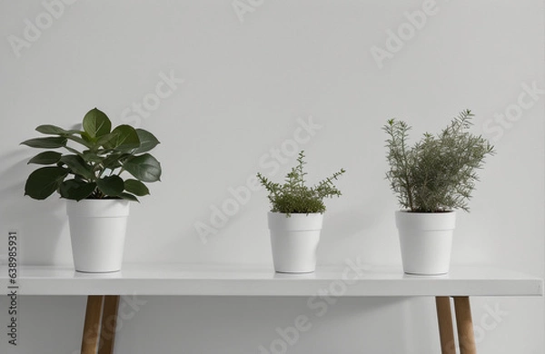 Fototapeta single potted plant on table white canvas background ,white studio background, white ambient background, abstract white background wall . AI Generative