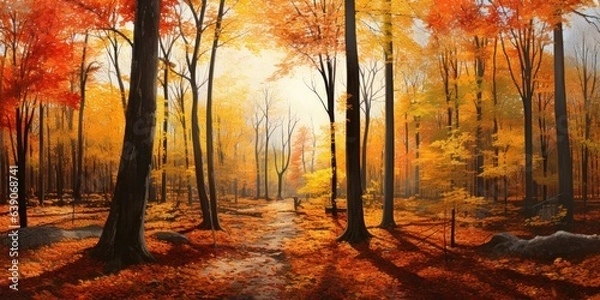 Fototapeta Beautiful Forest in Autumn. Fall Season Landscape. Generative AI illustration. 