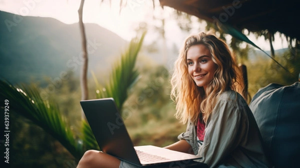 Fototapeta Young woman lifestyle digital nomad working on the laptop hammock at the beach sunset time