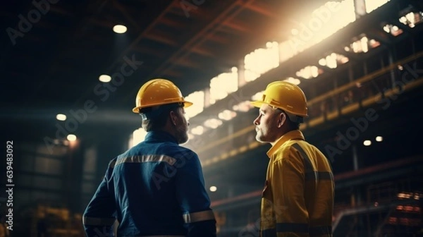 Fototapeta Two Industrial workers are working in the factory. Machine engineers