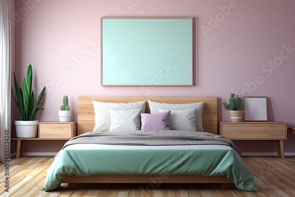 Fototapeta Bilderrahmen mit hellgrüner freier Fläche zur Bildpräsentation über einem Bett im skandinavischen Stil mit Bettwäsche in Pastelltönen Hellgrün, Magenta, Beige vor einer Wand in Pastell Pink.