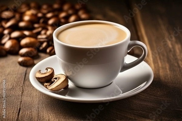 Fototapeta Mushroom coffee in white cup with wooden background. Trendy superfood concept. Generative AI