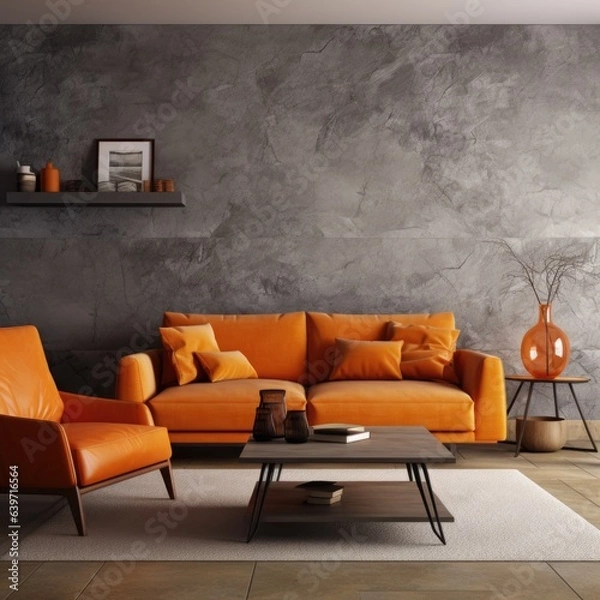 Fototapeta  range sofa, gray armchair and stone coffee table against of beige wall. Interior design of modern living room