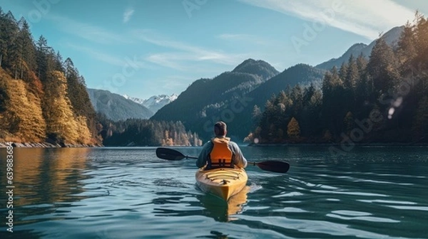 Fototapeta Back side view of man Kayaking in lake