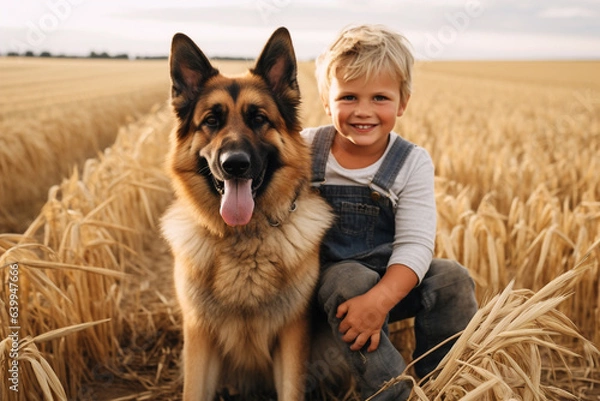 Fototapeta Friendship, lifestyle, animals concept. Young boy kid with German shepherd dog in cereal field. Dog and human best friends concept. Generative AI