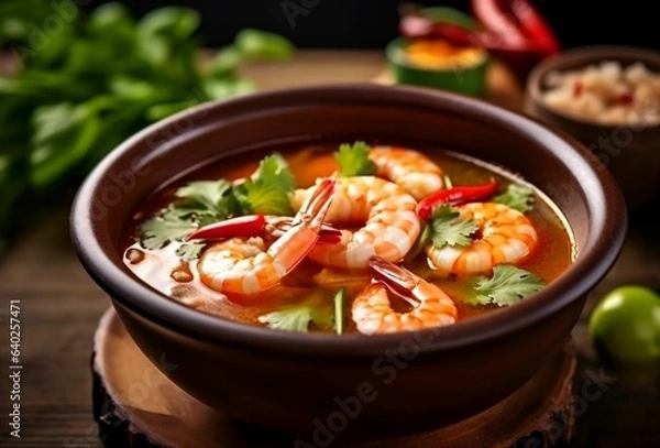 Fototapeta Bowl of Spicy and Sour Tom Yum Goong Soup 