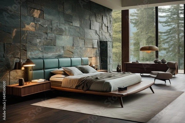 Obraz Perfect bedroom with natural elements, plants, wood and hardwood floors. Elegant luxurious bedroom design