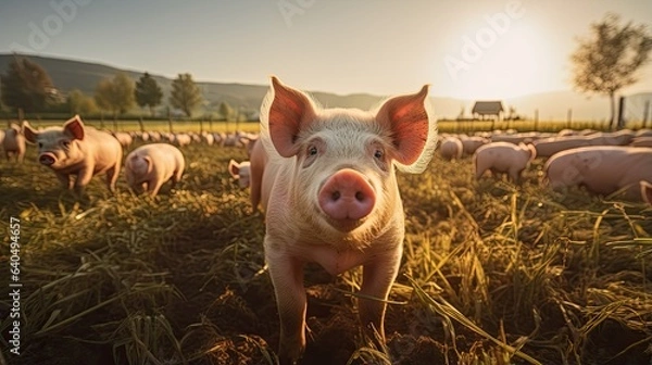 Fototapeta portrait pigs on the farm with light exposure AI Generative